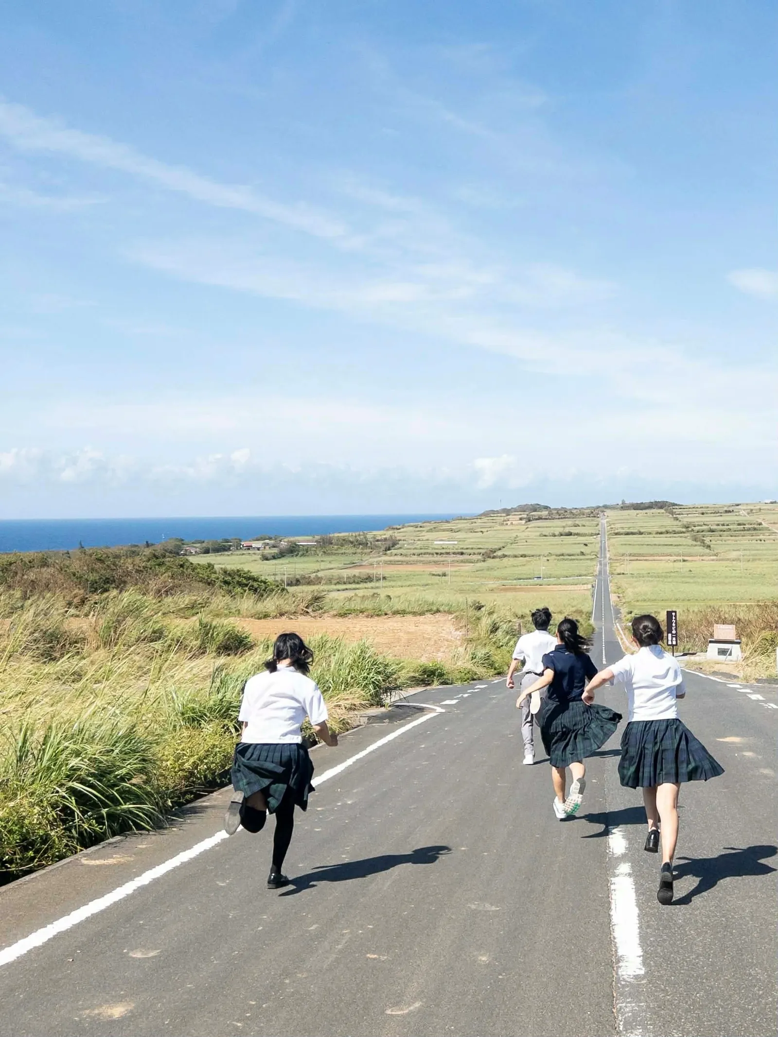 海沿いの一本道を、高校生4人が走っている写真